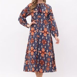 Raj Vibrant Long Sleeve Dress in Orange and Blue
